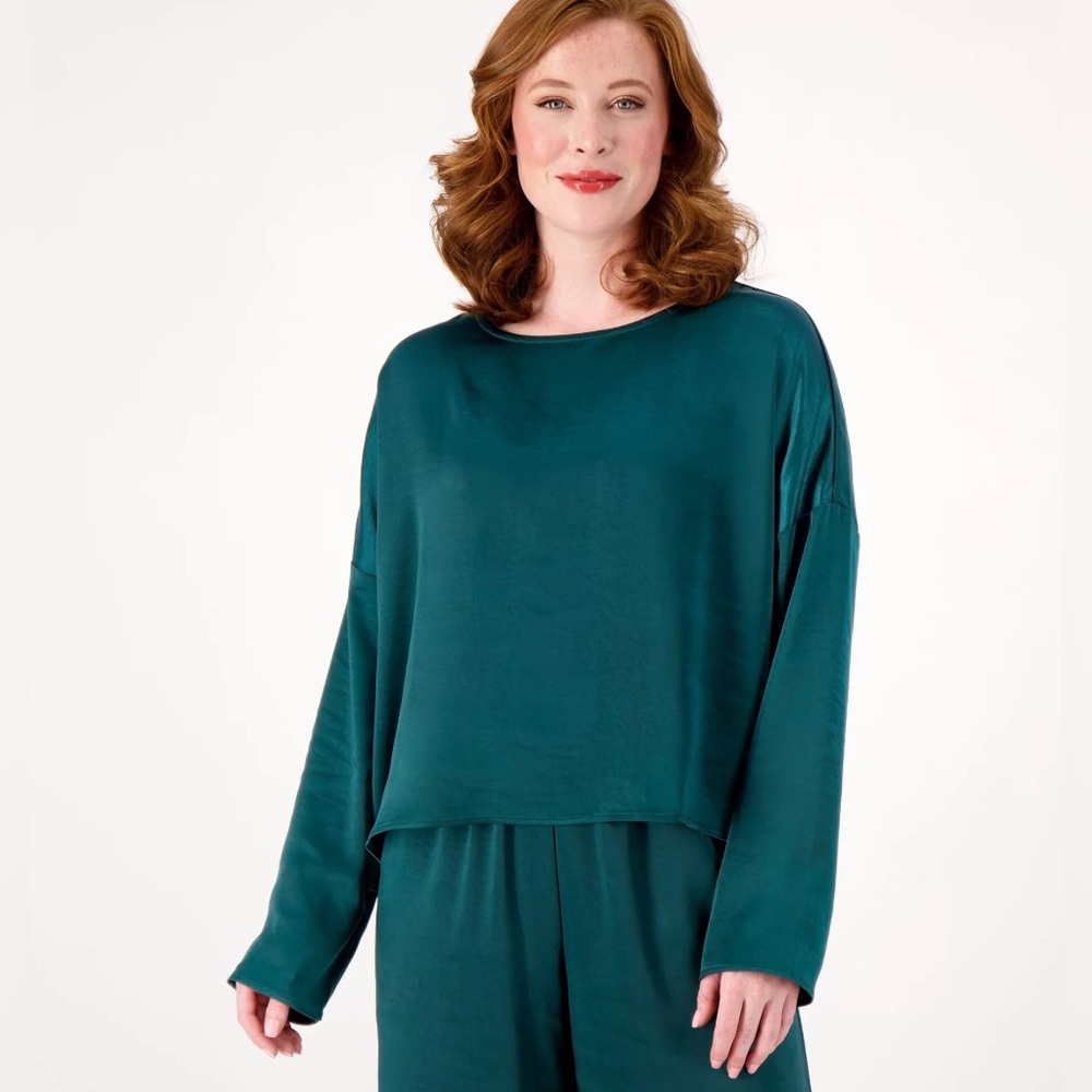 PEACE LOVE WORLD 2X Forest Green Satin Blouse LONG SLEEVE